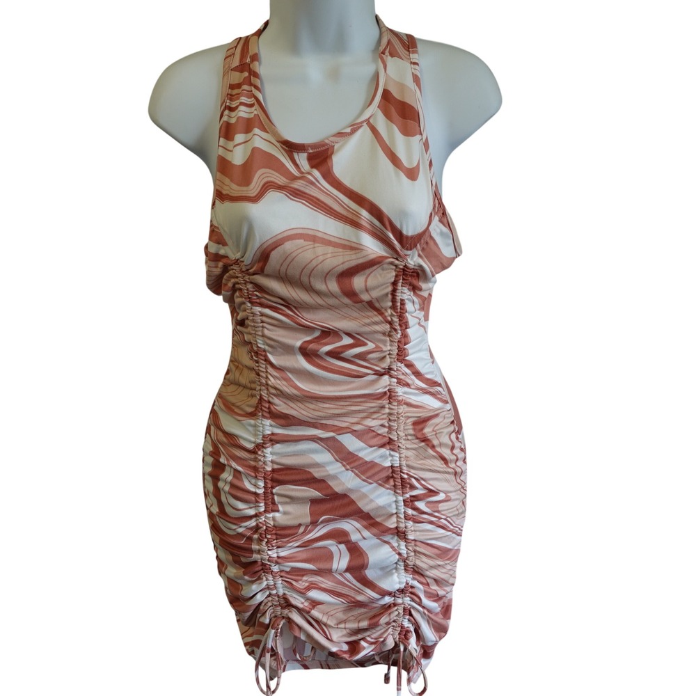 Vtg Y2K Dress 1X Brown Swirl Print Psychedelic Retro Ruched Mini Midi Bodycon‎